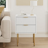 Masupu Nightstand front view in white with gold frame for a modern bedroom setup