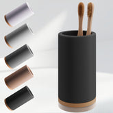 Matani bamboo toothbrush holder in full view, compact design keeps brushes dry.
