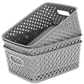 MaxGear three-pack organization bins close-up showing sturdy handles for easy carrying at home.
