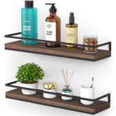 Meangood floating shelves pair in brown wall mount kitchen for spice storage and decor.