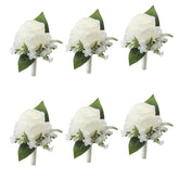 Meldel White Boutonniere with rose detail for groomsmen featuring lifelike blooms.