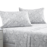 Mellanni Queen Paisley Gray sheets folded, showcasing lightweight luxury and durable microfiber.
