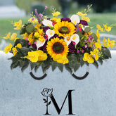 Memobloom headstone saddle with roses and sunflowers for lasting spring memorial.