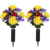 Memobloom artificial memorial flowers close-up with yellow mums and purple iris, durable for year-round graves.