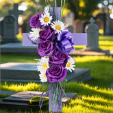 Memobloom Cross for cemetery grave with flowers, a durable, low-maintenance remembrance option.