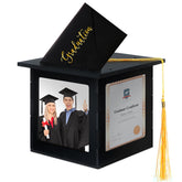 Menkxi graduation card box hat display showing cards and photos for a polished ceremony backdrop