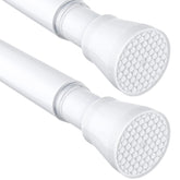 MEXAU 2-pack white tension curtain rod packaging shows easy no-drill setup.
