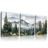 MHARTK66 wall art 3piece forest mountain ink painting for a living room focal point.