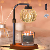 MimamsaCam Candle Warmer Lamp base wood with glass shade enhances decor and safe fragrance diffusion.