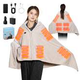 MIMYTH cordless heated blanket with hood worn as a wearable warmth layer for chilly evenings.