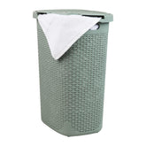 Mind Reader Slim Laundry Hamper with Lid in mint shows 60L capacity for compact spaces.