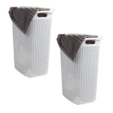 Mind Reader Slim Laundry Hamper with lid opens to reveal wicker airflow in a narrow space.