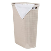 Mind Reader slim laundry hamper with lid demonstrates a space-saving lid design for tight bathrooms.