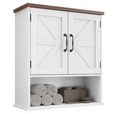 Mino Kesper barn doors cabinet adds compact bathroom storage for towels and toiletries.