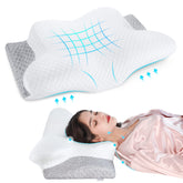 Misiki contour memory foam pillow with butterfly design cradles the head for alignment.