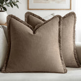 MIULEE cocoa brown linen fringe throw cover showing fringe detail for boho sofa style