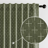 MIULEE back-tab linen curtains with geometric pattern in olive green provide soft light diffusion.