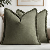 MIULEE olive green linen pillow cover with fringe adds farmhouse texture to your sofa.