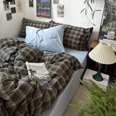 Mixinni vintage buffalo plaid duvet cover on bed shows soft washed cotton texture