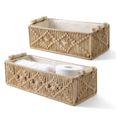 Mkono macrame storage baskets brown set 2 on bathroom shelf for stylish organization.
