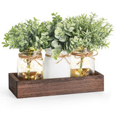 Mkono Mason Jar Lights Centerpiece with faux eucalyptus for dining room ambiance