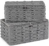 Mkono storage baskets with lid in rectangular grey wicker keep items organized and dust-free