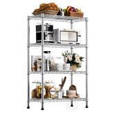 M MZG 4-tier chrome shelving front view highlights sturdy frame for everyday storage.