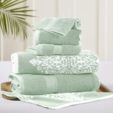 Modern Threads Artesia Damask Sage bath towel close-up, plush and ultra-absorbent for quick drying.