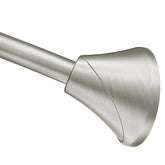 Moen curved tension rod in brushed nickel extends shower space for a roomier feel.