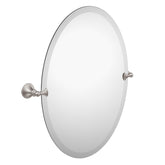 Moen Glenshire brushed nickel oval tilting mirror offers adjustable angle for grooming.