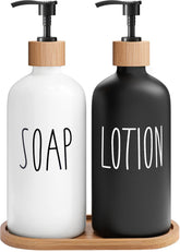MOMEEMO soap dispenser on glass bottle with bamboo pump for stylish bathroom decor.