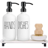MOMEEMO white soap dispenser set with stainless steel pumps for a tidy kitchen counter.