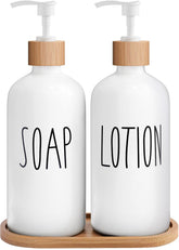 MOMEEMO white soap dispenser for bathroom with bamboo pump keeps counters tidy