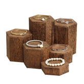 MOOCA wooden hexagon risers on display elevating jewelry visibility on countertop