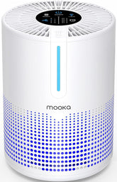 MOOKA air purifier with H13 True HEPA filters cleans dust and pet dander in bedrooms.