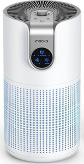 MOOKA M03 air purifier front view; quiet operation ideal for bedrooms.