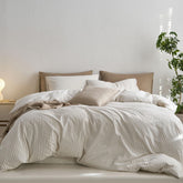 MooMee striped duvet cover in queen size offers breathable comfort and a linen-like look.