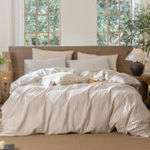 MooMee striped duvet cover closeup with linen-like texture for year-round comfort.