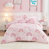 Mooreeke rainbow pink bed set twin showing a cheerful kids' room vibe and soft fabric.