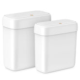 MOPALL 2-pack small trash cans with lids fit tight bathroom spaces for cleaner waste containment.