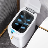 MOPUP bathroom trash can slim front view, showcasing compact footprint for tight spaces.