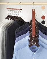 MORALVE space-saving hangers in beechwood with a 360Β° swivel for easy access and organization.