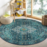 Moynesa ultra-thin round rug in teal with medallion, ideal for a busy entryway.