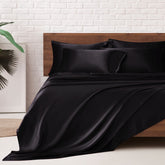MR&HM satin bed sheets queen flat lay shows silky finish for luxury feel.