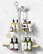 MSAICOE adjustable shower caddy hanging overhead for flexible bottle storage.