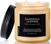 M&SENSE Gardenia Jasmine candle jar close-up with two wicks for clean, even burn and soft fragrance.