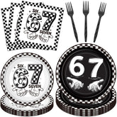 musaeva 6-7 birthday tableware set layout, chic black theme for 24 guests.