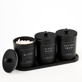 Muveka glass qtip holder set on bamboo tray keeps bathroom items neat and accessible.