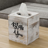 MyGift Bless You tissue box cover front view with rustic whitewashed finish