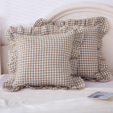 Mywinlle taupe plaid ruffle cover on a pillow adds cozy farmhouse charm